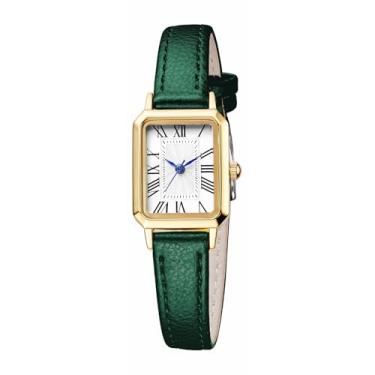 Imagem de BESTKANG Relógio feminino com pulseira de couro, elegante, delicado, vintage, retangular, relógio de pulso de quartzo, Verde, dourado, branco, Vintage