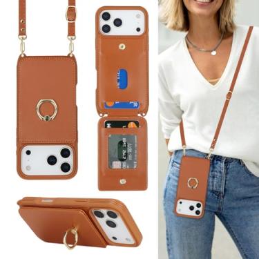 Imagem de Lipvina Capa para iPhone 17 Pro Max com suporte para cartão e alça para mulheres, cordão transversal, suporte de anel, fecho de pressão, capas de carteira de telefone fofas de 6,9 polegadas (marrom)