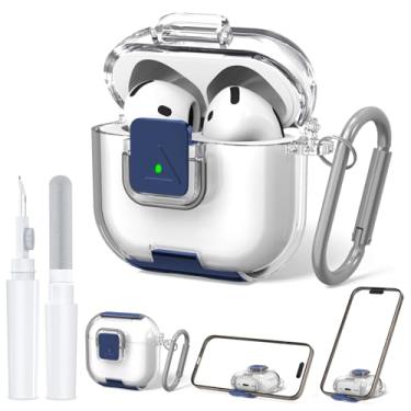 Imagem de QINZAC Capa de bloqueio seguro para AirPods 4 com suporte de telefone, capa protetora de TPU macio à prova de choque para AirPods 4ª geração, capa transparente para Airpod 4 com caneta de limpeza e