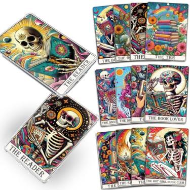 Imagem de TAKEALOOKO Cartolina com tema de tarô para Kindle - 12 peças de desenho de cartas de tarô de esqueleto e leitura, inserções decorativas para leitores eletrônicos, presentes para amantes de livros e