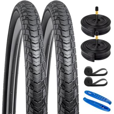Imagem de Pacote com 2 pneus 700C para bicicleta de estrada 700 x 35C (35-622) Plus 2 tubos 700C para bicicleta 700 x 35/43c Válvula Schrader AV48 mm com 2 tiras de aro compatíveis com pneus de bicicleta de