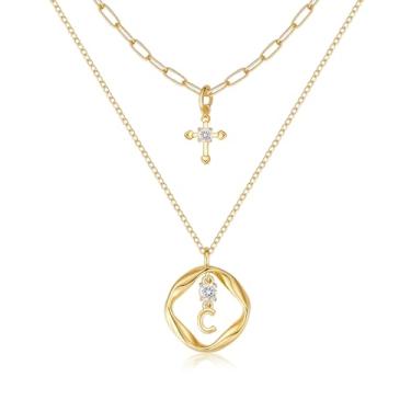 Imagem de YOVIEE Colares em camadas com inicial para mulheres, pingente de círculo banhado a ouro 14K, pingente de zircônia, nome personalizado, clipe de papel, gargantilha cruzada, joias de cristal, presentes