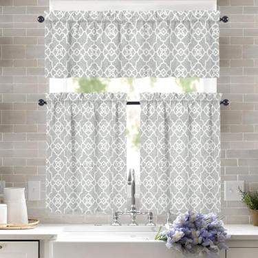 Imagem de WTQPLNMCB Conjunto de cortinas e sanefas de cozinha xadrez – Conjunto de 3 cortinas de cozinha de 91 cm de comprimento com saia para janelas, bolso de varão, decoração de cozinha xadrez