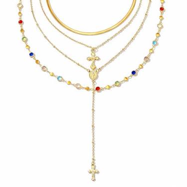 Imagem de APMUTSS Colar longo de aço inoxidável com pingente de cruz em camadas banhado a ouro 18K, corrente delicada empilhável para uso diário feminino, Standard, Aço inoxidável, Sem Pedra Preciosa