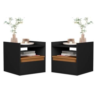 Imagem de Kit 2 Mesa De Cabeceira Para Quarto Suspensa e Gaveta Com Nicho(Preto/Nature)