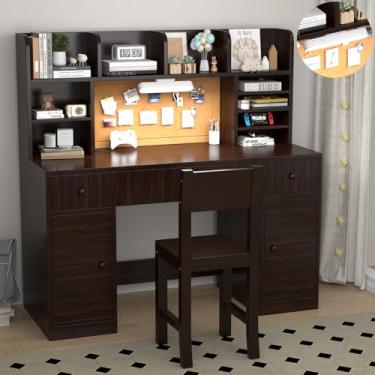 Imagem de RUPOLX Conjunto de mesa e cadeira de estudo infantil de madeira com luz, 3 gavetas e 4 armários de armazenamento, mesa infantil com 4 cabanas e prateleiras abertas, mesa de estudo para meninas - 003