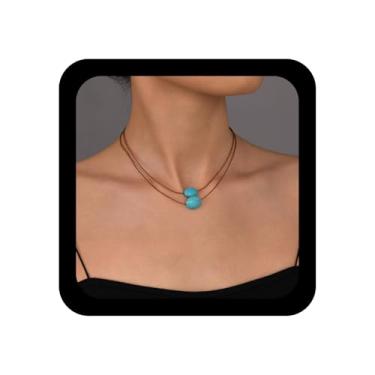 Imagem de Xduargs Boho Colar de couro em camadas, gargantilha de couro, azul, turquesa, pedra preciosa, vintage, turquesa, pingente para mulheres