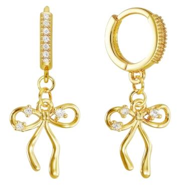 Imagem de Brincos de laço para mulheres, modernos banhados a ouro 14 quilates/argolas de prata simples, joias delicadas de zircônia cúbica, Latão, Sem pedra preciosa