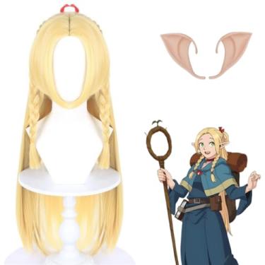 Imagem de YYUISD Peruca feminina loira longa e lisa com tranças duplas, estilo anime, para cosplay, ideal fantasia de Halloween e festas. Peruca sintética com orelhas de elfo.