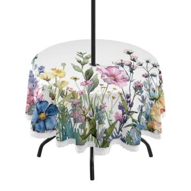 Imagem de ATTX Toalha de mesa redonda para jardim de verão em aquarela – 152 cm, impermeável, à prova de derramamento, uso interno/externo, com orifício para guarda-chuva com zíper para acampamento, piquenique