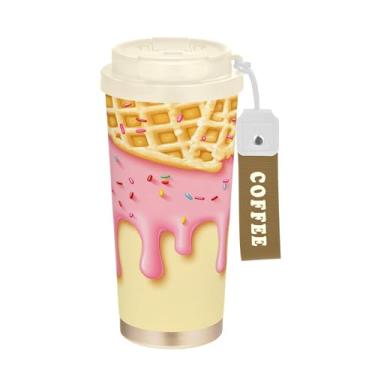 Imagem de SEHANY Caneca de viagem de sorvete fofa de 500 ml Copos de café reutilizáveis revestidos de cerâmica com tampa à prova de vazamento, parede dupla, isolamento a vácuo, copo de café de aço inoxidável