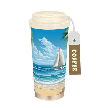 Imagem de SEHANY Caneca de viagem Summer Sea Beach Starfish 482 g Copos de café reutilizáveis revestidos de cerâmica com tampa à prova de vazamento, parede dupla, isolamento a vácuo, copo de café de aço