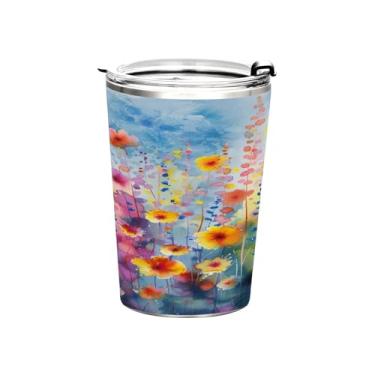 Imagem de Blueangle Copo de 340 g com tampa e canudo, copo de café com água isolada a vácuo de aço inoxidável, caneca de viagem colorida com pintura em aquarela copo térmico para bebidas quentes e frias (849)