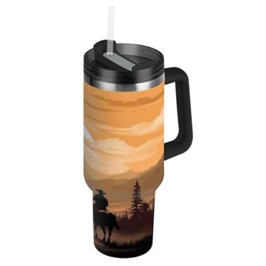 Imagem de Blueangle Copo caubói americano de 850 g com alça e tampa de palha, caneca de viagem de aço inoxidável isolada a vácuo de parede dupla, garrafa de água reutilizável para academia de escritório ao ar