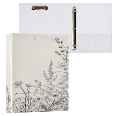 Imagem de ATTX Fichário com 3 anéis de flores pretas e brancas, 3 cm para papel tamanho carta, 21,6 cm x 28 cm, fichários com três anéis com prancheta para material de escritório #480