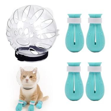 Imagem de hinbkenla Focinheira de gato para cuidados pessoais, capacete antimordida, ajustável para cuidado, focinheira de gato para aparar unhas para banho aparar unhas, capacete de astronauta com 4 protetores