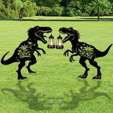 Imagem de Rngmsi Estacas de jardim de metal de dinossauro, decoração de quintal com uma lanterna, dinossauro preto com silhueta de flor, presentes decorativos de jardim para arte de quintal, pátio, exterior