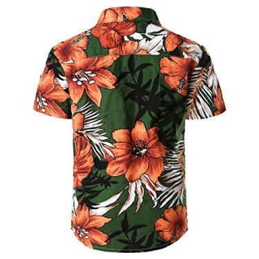 Imagem de Camisa havaiana de manga curta com botão casual floral para meninos grandes da JOGAL, Verde, 8