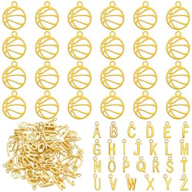 Imagem de Trnayi Pingentes de bola esportiva de aço inoxidável vazados com letras de basquete, 128 peças, conjunto com 4 pingentes do alfabeto abc, pulseiras, colares, presentes para fãs de treinadores de