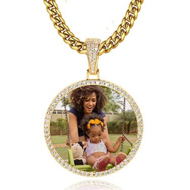 Imagem de QUNTING Colar de imagem com pingente de foto personalizado para homens, corrente de imagem redonda personalizada para mulheres, medalhão, hip hop, joias, faça você mesmo, crachá, chaveiro, bolsa