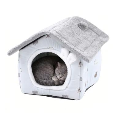Imagem de Pssopp Cama de Casa para Gatinhos, Totalmente Removível e Lavável 4 Estações Ambiente Fechado Universal Seguro e Aconchegante Cama de Tenda de Gato Macia Removível para Uso Interno (Gray)