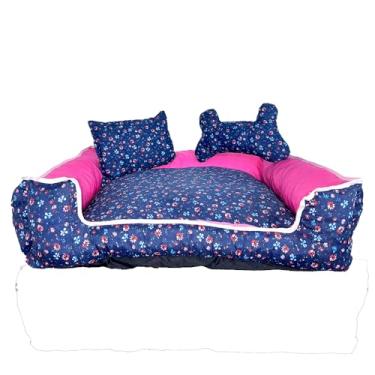 Imagem de Cama Pet Quadrada Impermeável com Almofadas, Tecido Tricoline 100% Algodão, Estampa Balões e Nuvens Azul Marinho, Fundo Impermeável em PVC, com Zíper (Jade Floral, Médio)