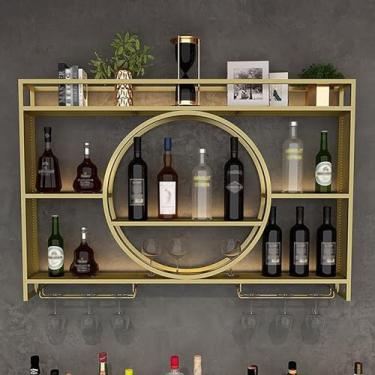 Imagem de Prateleira de metal para garrafa de licor de vinho, rack de vinho montado na parede com luz LED, prateleiras flutuantes de unidade de bar, suporte de copo de vinho invertido, prateleira de