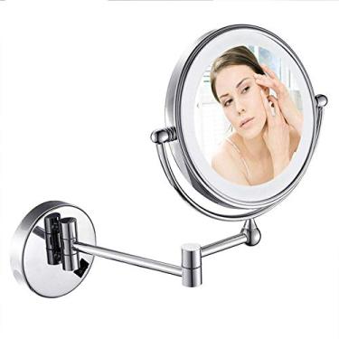 Imagem de Espelho de maquiagem montado na parede com ampliação, espelho de banheiro de parede com luzes LED, rotação giratória de 360 graus, 20 cm, acabamento cromado, para meninas