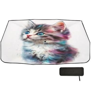 Imagem de Burbuja Guarda-sol de para-brisa de carro, guarda-chuva de para-sol em aquarela, gato, dobrável, bloqueador de raios UV e calor solar, adequado para caminhonete Sedan SUV na maioria dos veículos