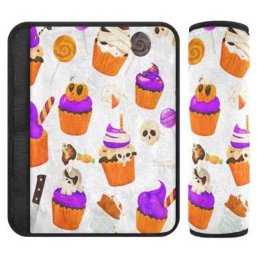 Imagem de Burbuja Capa para cinto de segurança de carro Cupcakes de Dia das Bruxas Protetor de cinto de segurança de carro macio confortável para alça de ombro de assento, 1 par pequeno