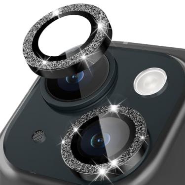 Imagem de Happtkey Protetor de lente de câmera para iPhone 15 Plus, anel de metal de liga de alumínio individual com glitter, protetor de tela de vidro temperado 9H, protetor de tela de luxo HD antiarranhões