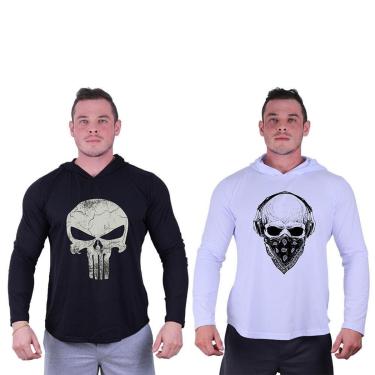 Imagem de Kit 2 Camisetas Manga Longa com Touca Longline Estampada Treino Academia Lazer Casual-Masculino