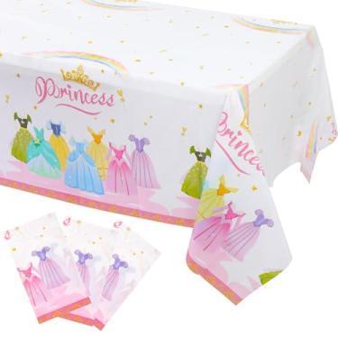 Imagem de Fyrolumin Conjunto de 3 toalhas de mesa de princesa grandes descartáveis de plástico 137 x 272 cm para decorações de festa de aniversário, chá de bebê com tema real e suprimentos de celebração