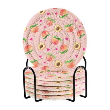 Imagem de SEHANY Conjunto de 6 porta-copos rosa pêssegos com suporte, porta-copos redondos absorventes de algodão resistente ao calor para mesa de jantar, canecas de café, proteção de copos, 10 cm
