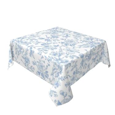 Imagem de Sorktse Toalha de mesa floral azul bebê quadrada 137 cm azul claro chinoiserie toalha de mesa vintage flor resistente a manchas poliéster primavera verão capas de mesa para cozinha, jantar, festa ao