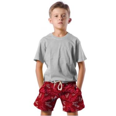 Imagem de Shorts Infantil Bermuda Calção Praia Verão Love Cartoon Amor Vermelho 