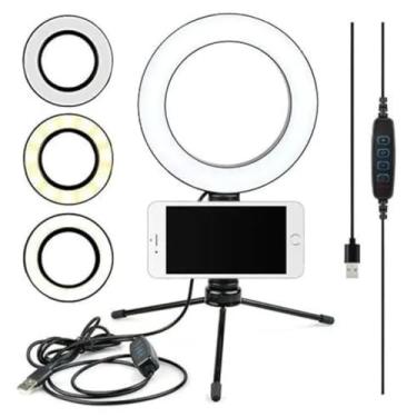 Imagem de Ring Light LED 6” com Tripé de Mesa e Suporte para Celular | Iluminador Circular com 3 Modos de Cor e 10 Níveis de Brilho para Fotos, Vídeos, Lives e Maquiagem