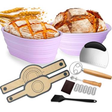 Imagem de Cesta de silicone Banneton à prova de pão, kit iniciante, incluindo cesta de silicone dobrável de 23 cm redonda e 25 cm, batedor de massa dinamarquesa, estilingue de pão de silicone, pão coxo