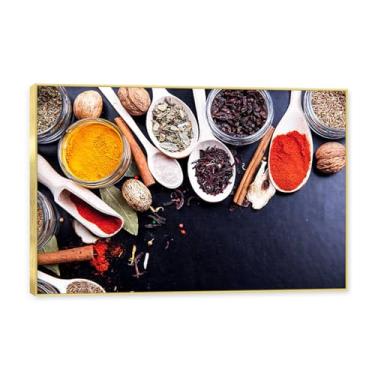 Imagem de NHLDZYH Moldura dourada. Arte de parede em tela de especiarias coloridas e colher de tempero | Decoração de cozinha vintage | Arte moderna para casa e sala de jantar. B23. 80 x 120 cm - 31,5 x 47,3