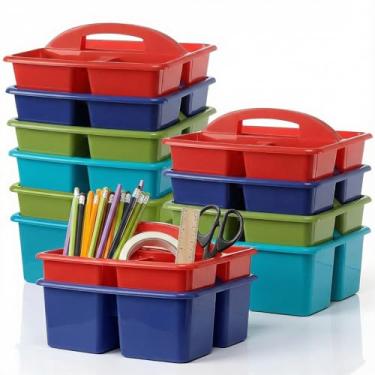 Imagem de Kathfly Pacote com 12 organizadores com alça, armazenamento empilhável para organização, cesta de plástico pequena para sala de aula, para mesa, escritório, lápis, sala de crianças, artesanato, arte