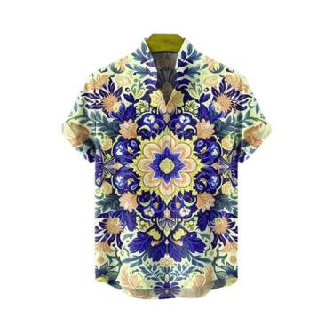 Imagem de Camisa Casual Confortável De Linho Com Estampa Tribal Retro Para Homen