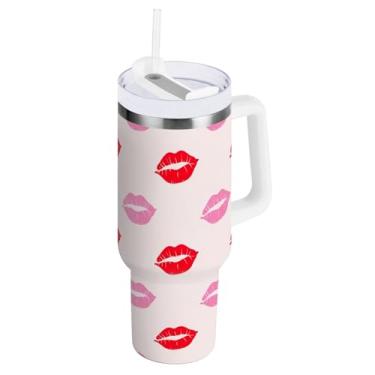 Imagem de ODAWA Copo isolado de parede dupla de 1,134 g, copo com isolamento duplo Kisses Pink com tampa e canudo