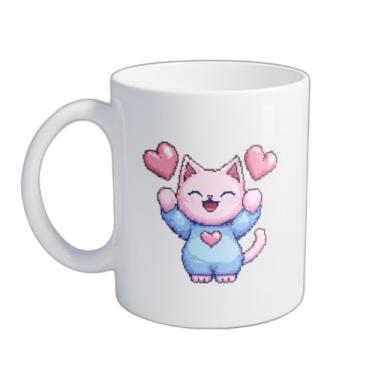 Imagem de Caneca Xícara de Café Porcelana 300ml Gato Rosa Estilo Pixel Art