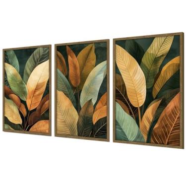 Imagem de Pinturas Quadros Decorativos com Moldura Sala Quarto Trio Natureza Pintura Floral O Cores das Folhas Decoração Sala Exquisitamente Trabalhado e Esteticamente Agradável (Nogueira 50x70 Sem Vidro)
