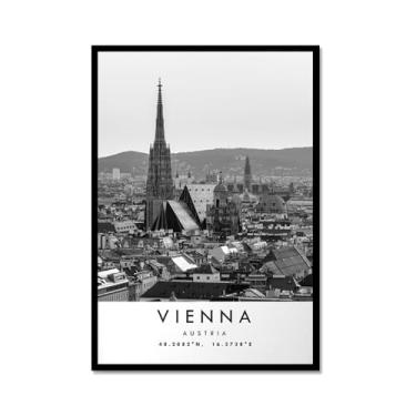 Imagem de Pôster de viagem preto e branco impressão paisagem da cidade do mundo pintura em tela Viena imagem de arte de parede decoração de casa (8 x 12 polegadas (20 x 30 cm), moldura de metal)