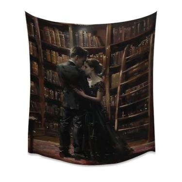 Imagem de Dark Academia Library Lovers Tapeçaria Elegante Vintage Casal Book Room Decoração de Parede para Estudo Leitura Nook Escritório Quarto Arte Estética Presente Casa Branco 76 x 101 cm