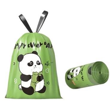 Imagem de 50 sacos de lixo de 4 galões com cordão e forro de plástico separado sem rasgos para banheiro, escritório, casa, quarto, sacos de lixo pequenos (panda verde, 50 unidades)