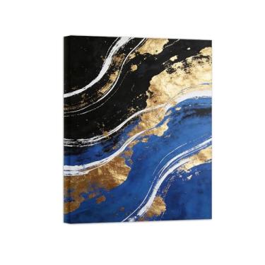Imagem de Impressões abstratas em tela-Quadro texturizado para parede-ouro preto e azul-Pintura moderna para sala de estar 30x40cm Tela Embrulhada