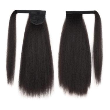Imagem de Extensão de rabo de cavalo reto Yaki, extensão de rabo de cavalo para mulheres negras, extensão de cabelo humano Yaki, preto natural (rabo de cavalo com faixa de cabelo, 56 cm)