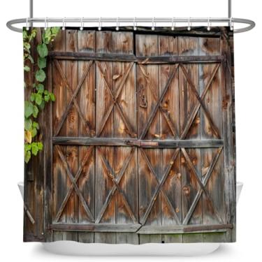 Imagem de OFILA Cortina de chuveiro rústica de celeiro, cortinas de chuveiro de porta de madeira para banheiro, cortinas de banheiro à prova d'água de madeira com ganchos 183 x 182 cm